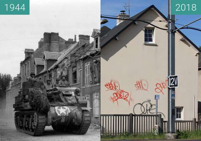 Before-and-after picture of Carentan 1944 - Normandy between 06/1944 and 2018-May-03