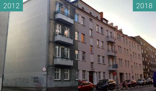 Before-and-after picture of kamienica przy Poznańskiej w Poznaniu between 2012 and 2018