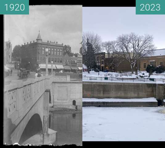 Before-and-after picture of Bridge Square park from front of Mill between 1920-Jun-21 and 2023-Jan-13