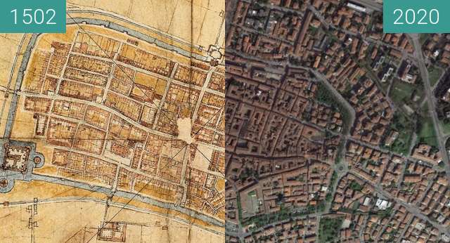 Vorher-Nachher-Bild von Imola zwischen 1502 und 2020