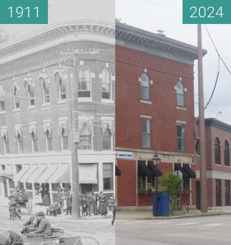 Before-and-after picture of Main and Church Streets 1911 and 2024, Belfast, ME between 1911 and 2024
