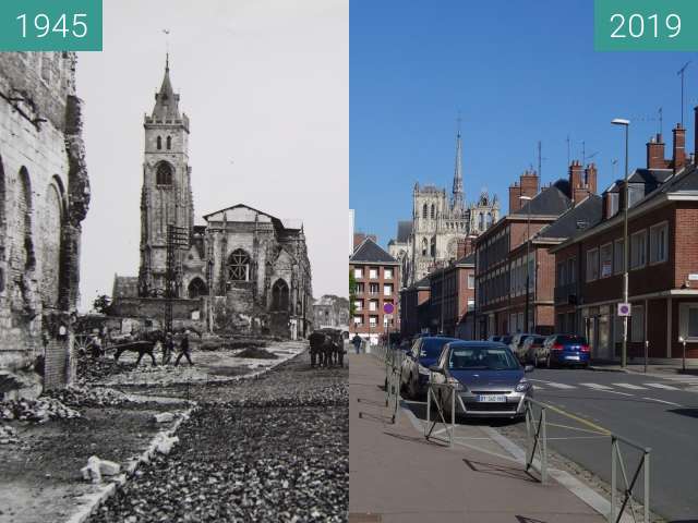 Before-and-after picture of Rue St. Germain between 1945 and 2019-May-13