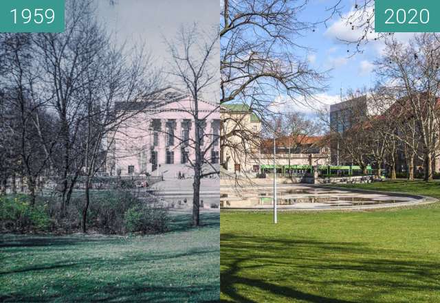 Before-and-after picture of Park Mickiewicza between 1959 and 2020