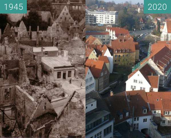 Image avant-après de Osnabrücker Altstadt in Trümmern entre 25/03/1945 et 2020
