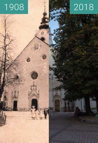 Before-and-after picture of St Peter's Church, Radovljica between 1908 and 2018-Aug-15