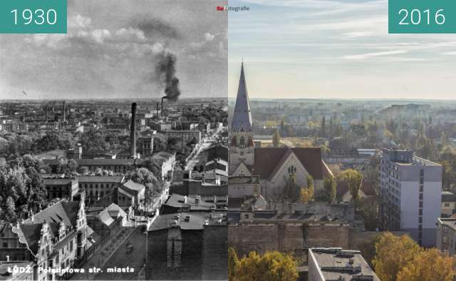 Before-and-after picture of View south from Łódź Cathedral. between 1930 and 11/2016