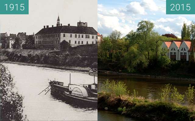 Before-and-after picture of Oder river with Castel (Oder Fluss mit Schloss) between 1915 and 2015