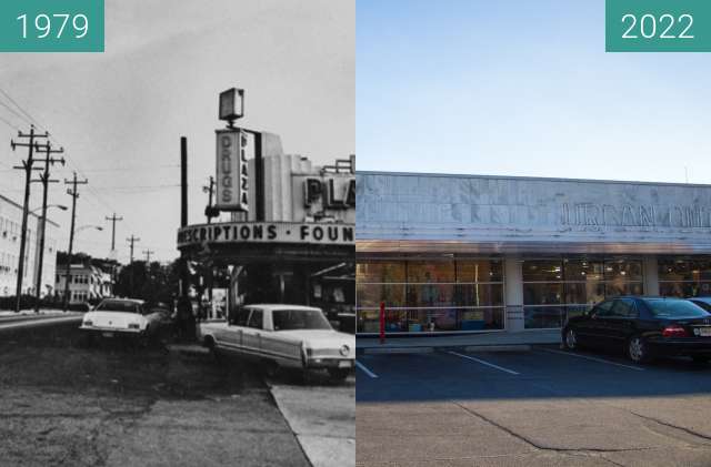 Before-and-after picture of Plaza Drugs / Urban Outfitters between 1979 and 2022-Feb-14