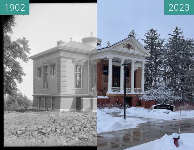Before-and-after picture of Steensland Library 8-5-1902 to 1-19-2023 between 1902-Aug-08 and 2023-Jan-19