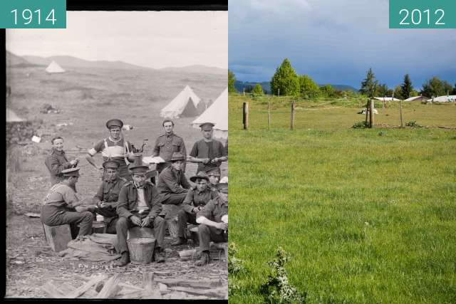 Image avant-après de Camp at Tapawera, APL, 1914, Potato Pealers at Wor entre 04.1914 et 18/11/2012