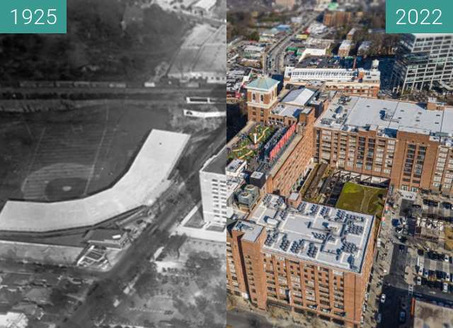 Before-and-after picture of Ponce City Market Aerial between 1925 and 2022-Feb-12