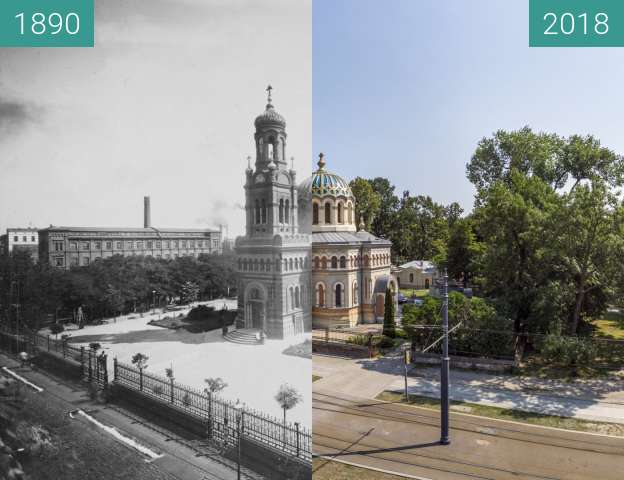 Vorher-Nachher-Bild von Alexander Nevsky Orthodox Cathedral in Lodz zwischen 1890 und 06.07.2018