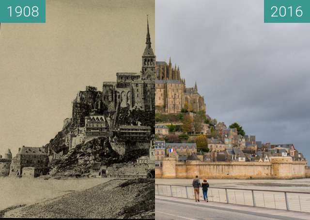 Before-and-after picture of Horse cart and steam locomotive at Mont-St.-Michel between 1908 and 2016-Nov-17