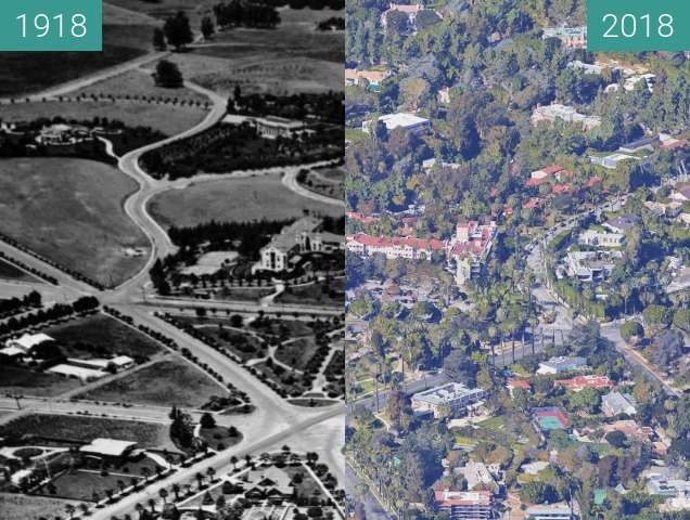Before-and-after picture of Beverly Hills Hotel between 1918 and 2018