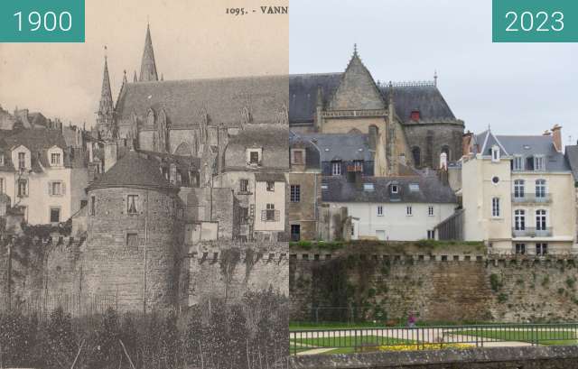 Before-and-after picture of Vannes city walls between 1910 and 03/2023