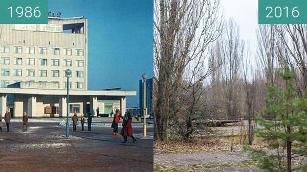 Before-and-after picture of Pripyat, Rajon Tschornobyl, Ukraine between 1986 and 2016