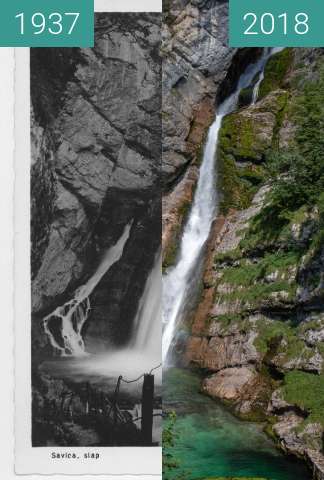 Before-and-after picture of Savica Waterfall, Slovenia between 1937 and 2018-Jul-17