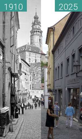 Before-and-after picture of Český Krumlov, Czech Republic between 1910 and 2025-Jul-21