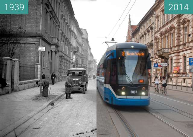 Before-and-after picture of Karmelicka street in Kraków between 1939 and 2014