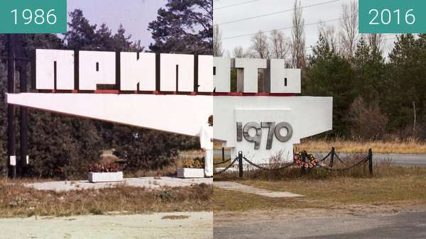 Before-and-after picture of Pripyat, Rajon Tschornobyl, Ukraine between 1986 and 2016