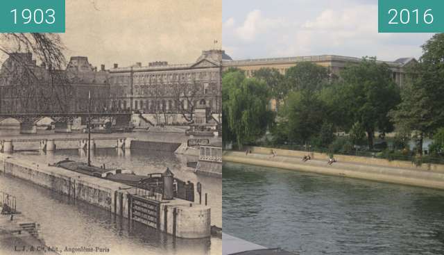 Before-and-after picture of Seine from Pont-Neuf between 1903 and 2016-Sep-22