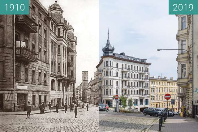 Before-and-after picture of Ulice Krysiewicza/Ogrodowa, kamienica "Żelazko" between 1910 and 2019-Aug-07
