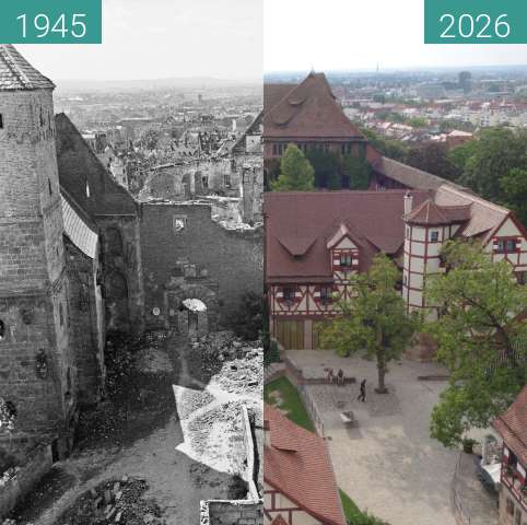 Before-and-after picture of Kaiserburg, upper courtyard, after WW2 between 1945 and 07/2026
