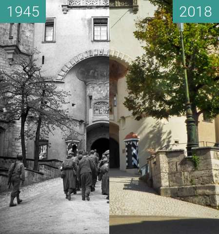 Before-and-after picture of Schloss Sigmaringen between 1945-Apr-23 and 2018-Sep-18