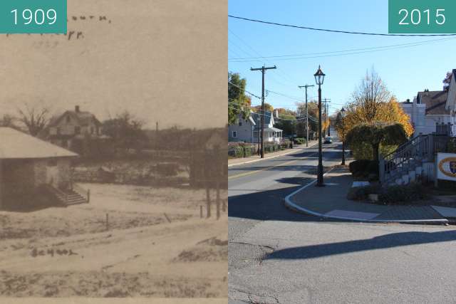 Before-and-after picture of Devon, Naugatuck Avenue between 1909 and 2015-Nov-04