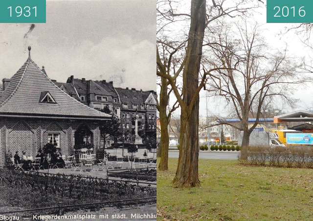 Before-and-after picture of Kriegerdenkmalplatz mit Milchausen  between 1931 and 2016