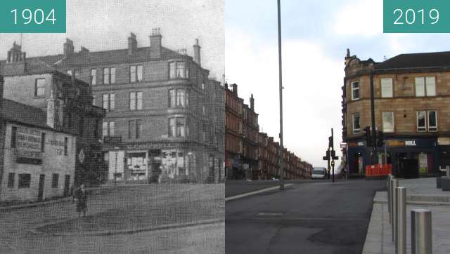 Before-and-after picture of Shawlands Civic Square between 1904 and 2019-Mar-24