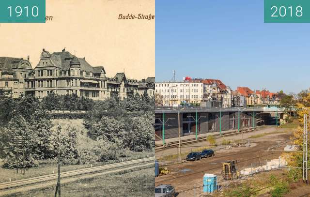 Before-and-after picture of Ulica Roosevelta / Budde Strasse between 1905 and 2018