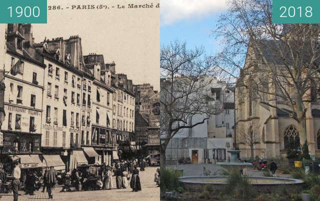 Image avant-après de vue du marché de la rue Mouffetard entre 1900 et 04/02/2018