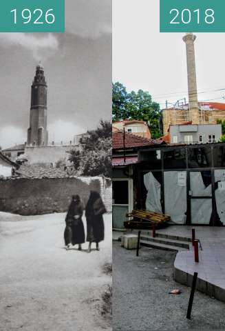 Before-and-after picture of Skopje, Sultan Murad Mosque and Saat-Kula between 1926 and 2018-Jun-17