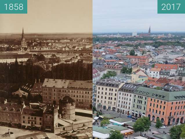 Before-and-after picture of München Viktualienmarkt between 1858 and 2017-Sep-09