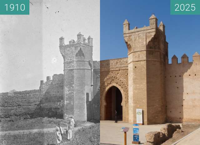Vorher-Nachher-Bild von Bab Chellah zwischen 1910 und 05.2025
