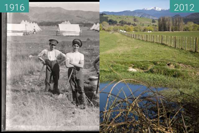 Image avant-après de Camp at Tapawera, Nelson, "Massey's Toilers", 1916 entre 1916 et 23/09/2012