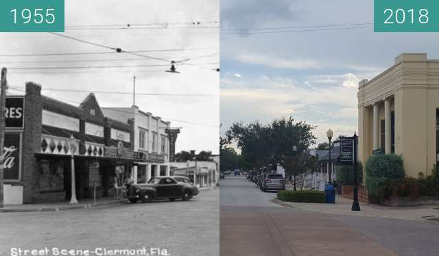 Before-and-after picture of Montrose Street and 7th Street, Clermont, FL between 1955 and 2018-Aug-14