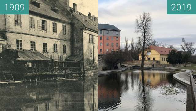 Before-and-after picture of Plzeň - Mlýnská strouha between 1909 and 2019-Mar-07