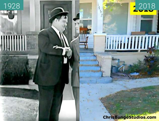 Before-and-after picture of Laurel and Hardy - Their Purple Moment between 1928 and 2018