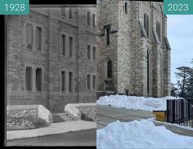 Before-and-after picture of Holland Hall, St. Olaf College,1928, 2023 between 1928-Aug-24 and 2023-Jan-23