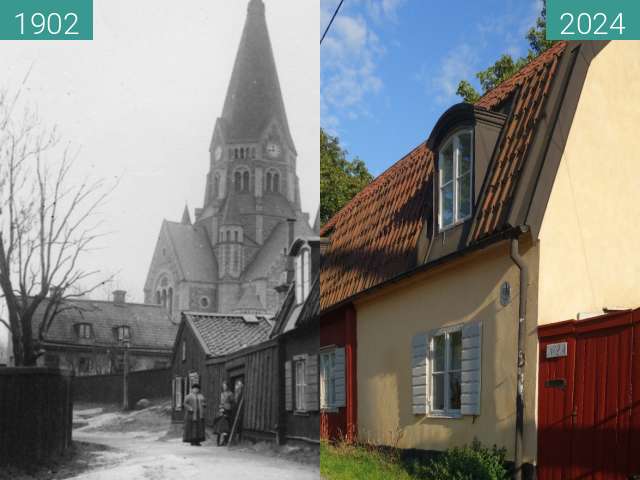 Before-and-after picture of Bergsprängargränd between 1902 and 07/2024