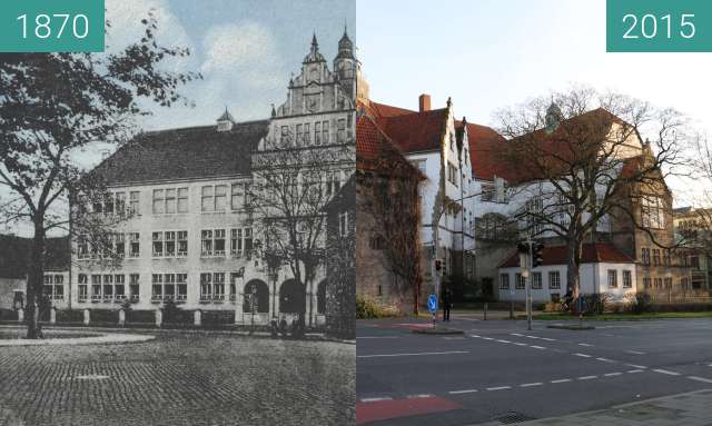 Before-and-after picture of Ratsgymnasium between 1870 and 2015-Dec-30