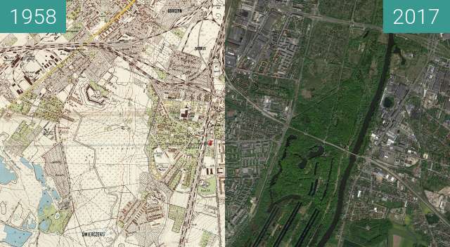 Before-and-after picture of Poznań 1958 - Dębiec between 1958 and 2017-May-12