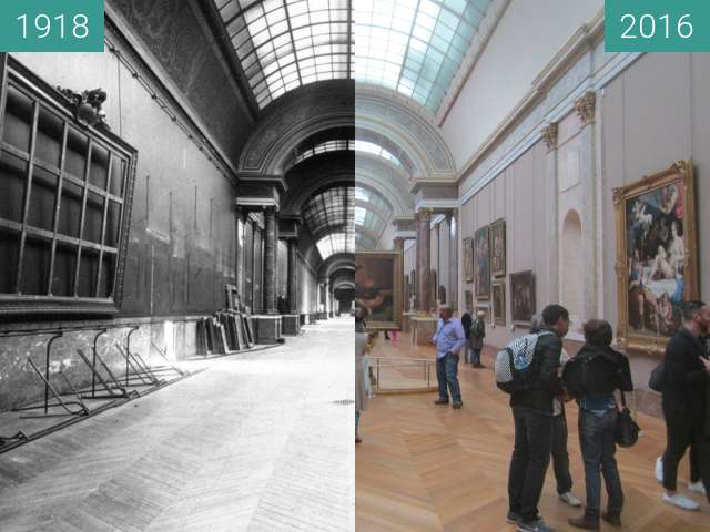 Before-and-after picture of Grande Galerie du Louvre between 1918 and 2016-Oct-16