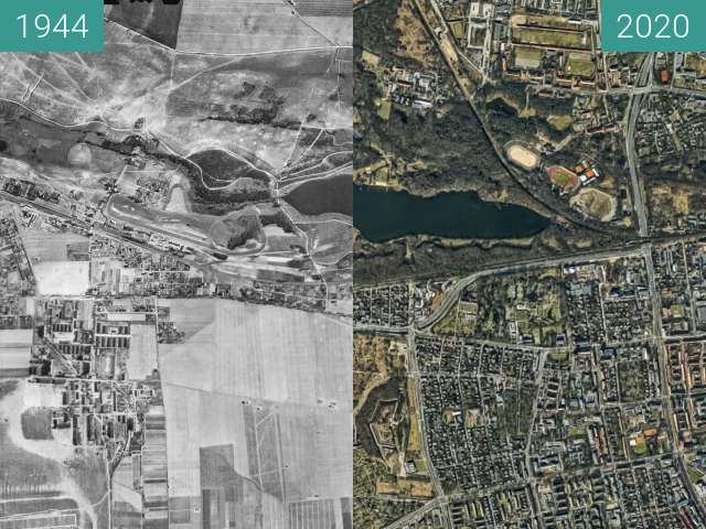 Before-and-after picture of Jezioro Rusałka i okolice between 1944-Sep-13 and 2020