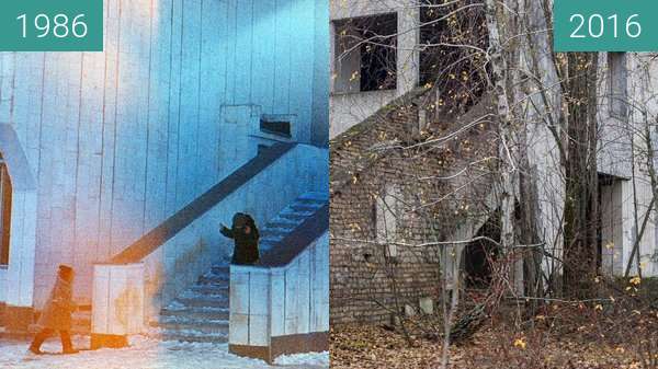 Before-and-after picture of Pripyat, Rajon Tschornobyl, Ukraine between 1986 and 2016