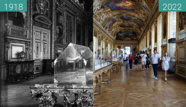 Before-and-after picture of Galerie d'Apollon between 1918 and 05/2022