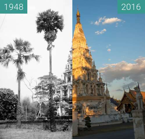 Before-and-after picture of Wat Chedi Liam between 1948 and 2016-Jan-23