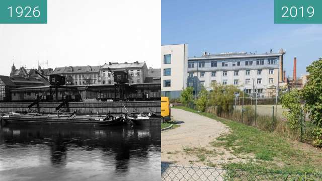 Before-and-after picture of Port rzeczny w starym korycie Warty between 1926 and 2019